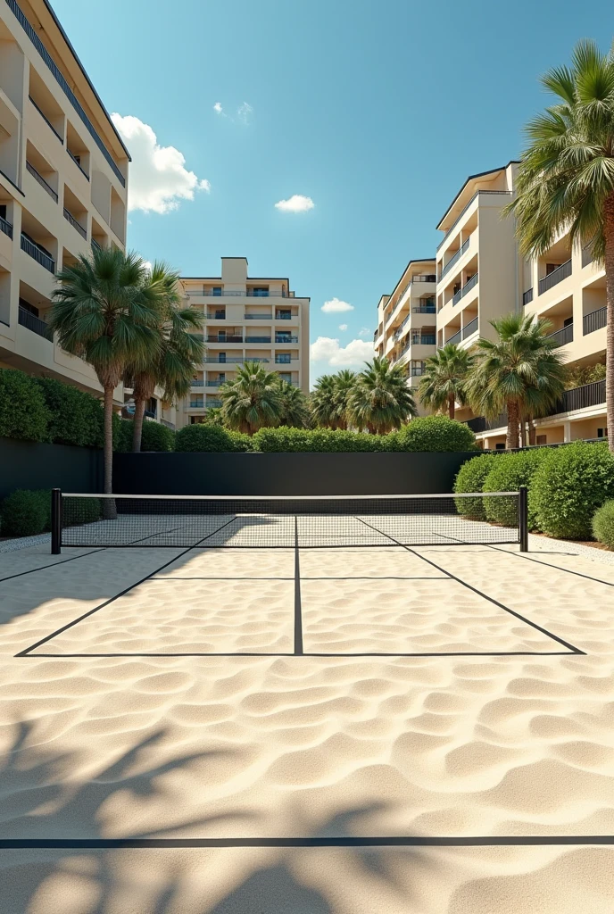 Beach tennis court, with very light sand, inside a condominium of houses, with a black net at a height of 1.70 m, demarcation tapes 8 m wide and 16 m long, on a sunny day