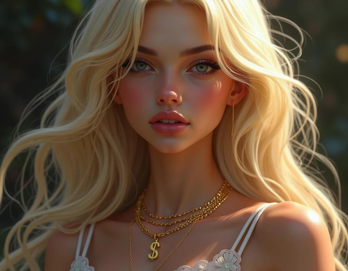 Fairy tail character girl long straight blonde hair with blue eyes quite tanned with a black tank top with thin straps a Christian cross around the neck in gold and gold hoop earrings 