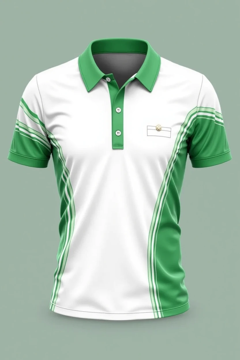 White and green short sleeve polo shirt with pocket and vertical curved lines design