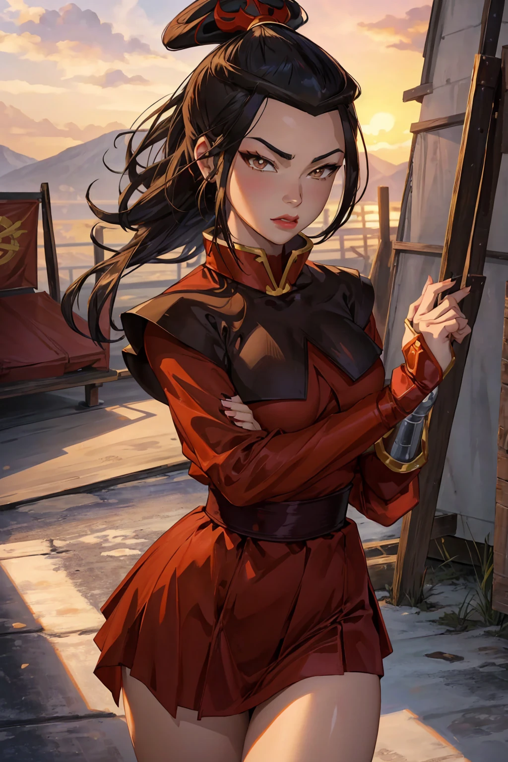 Beautiful, Masterpiece, Best Quality, extremely detailed face, perfect  lighting, Cowboy shot, 1girl, Azula, the perfect body, taut clothes, seductive, pomade, makeup, looking a viewer, wide thighs