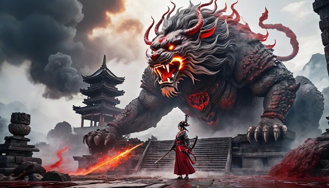 blood girl, and a huge fire lion, made of smoke, wearing a full warrior outfit with armor hovering around the ruins of an ancient temple, inspired by Japanese gods, carrying a huge divine sword, temple background, Japan, tenebrosa, horror vibes, , smoke , fire , great addition, large dragon on his back , Japanese mythical god , Evil smile , crazy eyes , blindfolded , Cor Fuji , high détail , high qualiy , precise