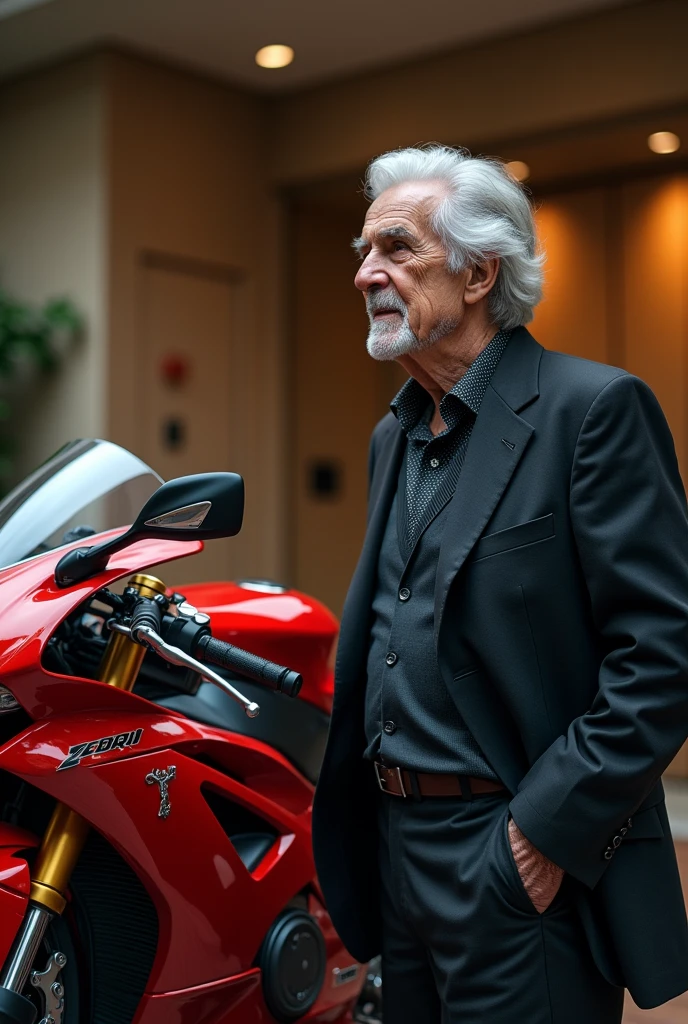 A rich oldman watching superbike in regression that he didn’t buy in his young age due to his bussy life