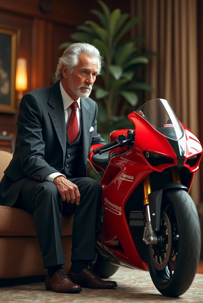 A rich oldman watching superbike in regression that he didn’t buy in his young age due to his bussy life