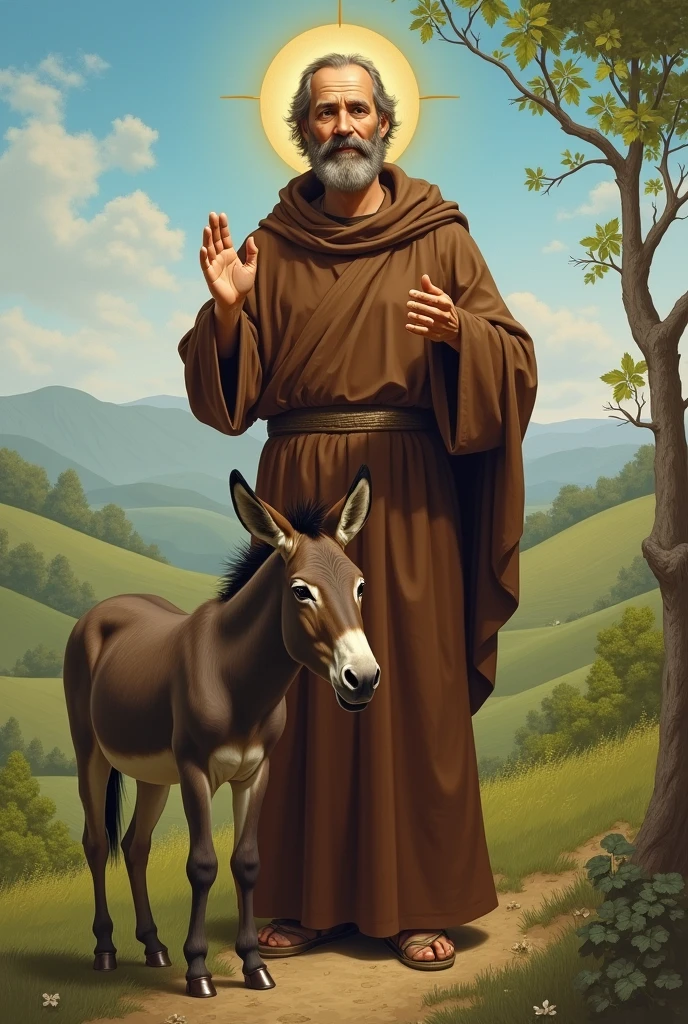 Draw Saint Francis of Assisi above a donkey
