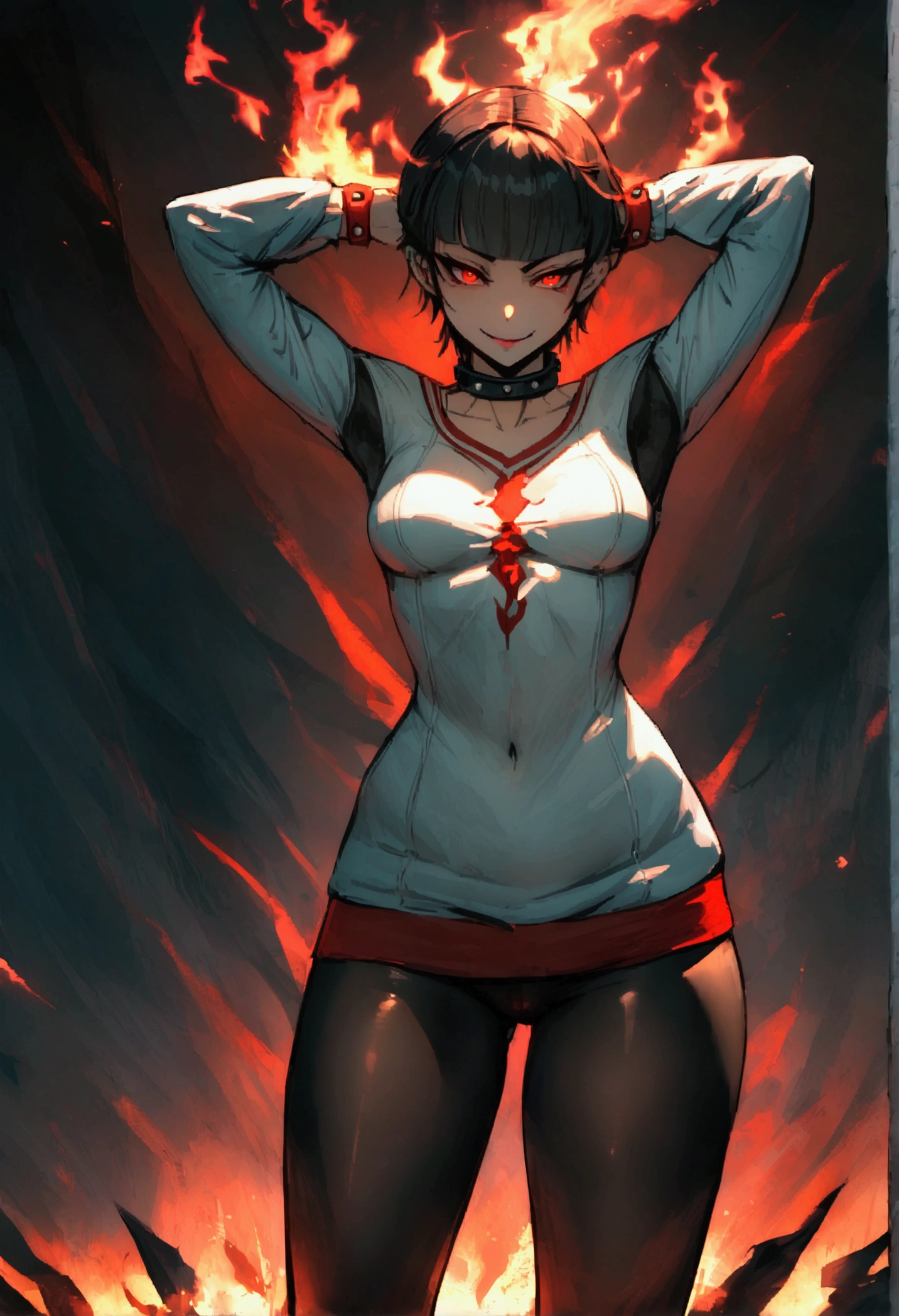 standing,alone,short hair,work of art,face detailed,young fitness linda,Wearing black pantyhose,tight white sweater with collar ,neckleace,evil smile,flaming red eyes glowing,labiaa,eye shadow,bangs on the eyes,Hands behind the head ,Raby,nullified,tempest,citys,
