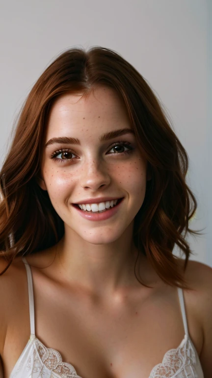 beautiful girl, smile, happy, close up, (detailed eyes:0.8), (looking at the camera:1.4), interior, ginger hair:1.3, dark studio, muted colors, freckles