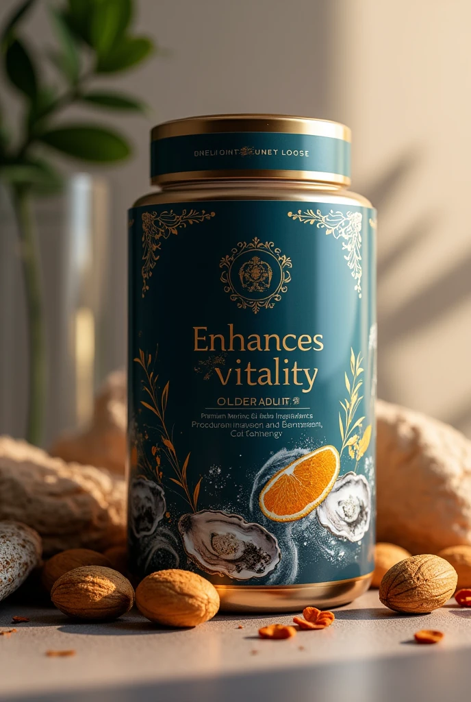 "Create a luxurious and eye-catching packaging design for a can of nutritional powder made from nuts, specifically targeting older adults. The packaging should highlight premium ingredients such as oysters and ginseng, with elegant and sophisticated visuals. Incorporate a rich color palette using deep gold, navy blue, and silver accents to convey a sense of luxury and wellness. The product name should be prominently displayed in an elegant font, along with key benefits like 'Enhances Vitality' and 'Premium Marine & Herbal Ingredients.' The design should include subtle, intricate patterns or metallic finishes to enhance the impression of high quality and exclusivity. Set the design against a minimalistic, polished background to emphasize the sophistication of the packaging.