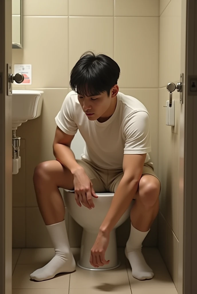 A Korean male idol pooping in the bathroom, Wearing white socks, Urgent, Stomach ache