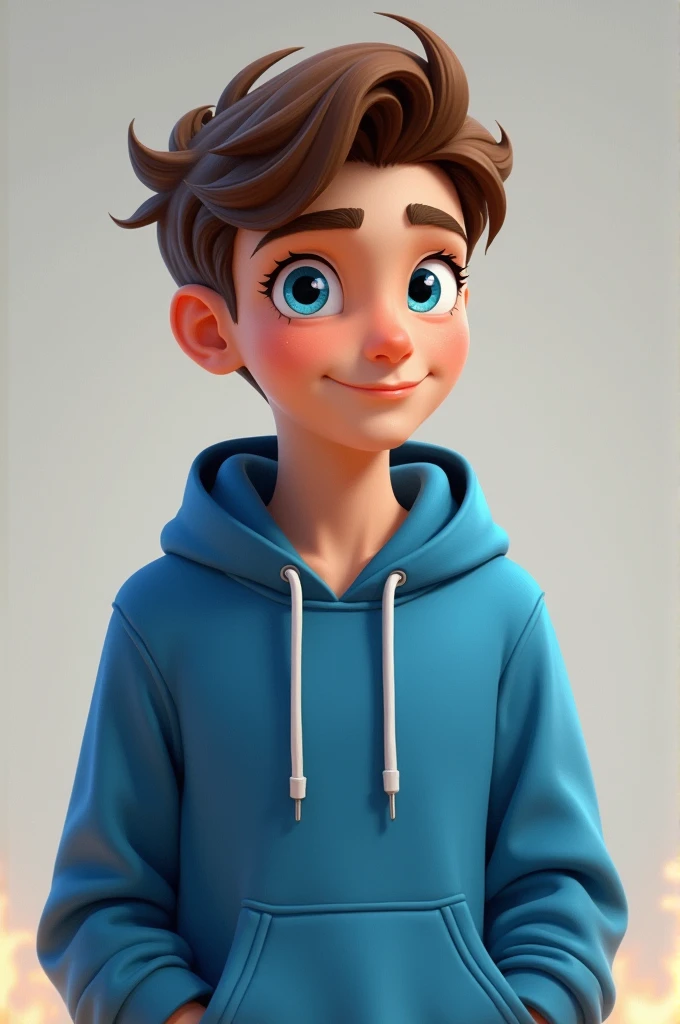 Create a new teen character but with no fire in background and with no facial hair and a blue hoodie and with blue eyes