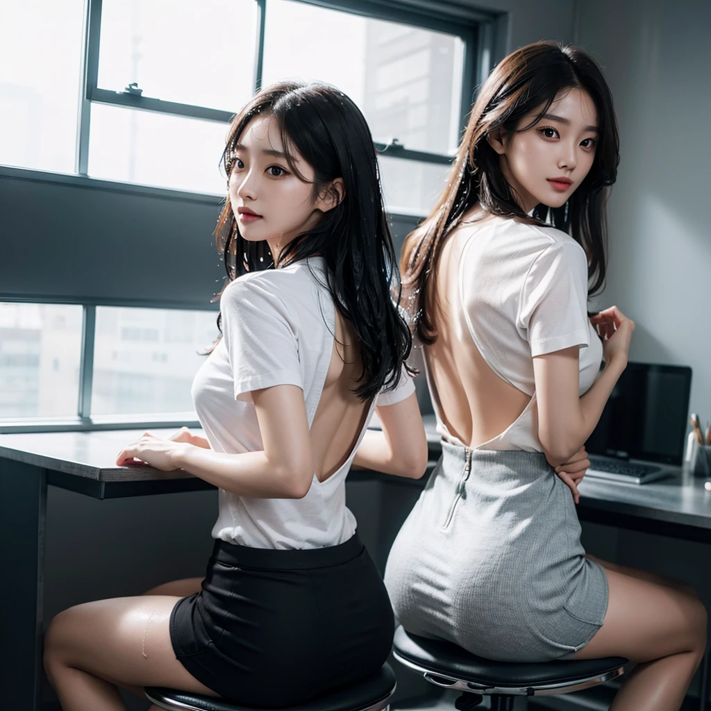 ((masterpiece,top-quality)), (photographrealistic:1.4),((masutepiece,8K)),high resolution, studio soft light, rim lights, vibrant detail, realistic skin textures, Japanese, 1 beautiful woman, slender figure, huge breasts, very thin waist, black long hair, natural make-up, 38 years old, Detailed skin, a tight yellow dress with a back-open design, Standing in an office, full-body photo, looking back at the viewer