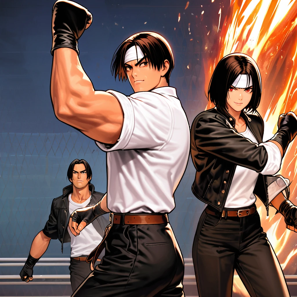 Masterpiece, 2 people, man and woman before fight, one on one, best quality, 8K, smirking, fighting pose, fight: 1.5,(Kyo Kusanagi), man has dark skin, dark hair, red eyes, alone, ((white headband)) two shots, (rolled up arms) black rider jacket, fingerless gloves, black hair, white t-shirt black pants, white shoes, brown belt, boyish, handsome, shot, charming, masterpiece, high quality, fine face, grainy, night, confident smile, men and women fighting with ring stadium background, loud cheers, same hair, same hair and clothes, angry face: 1. attack speed 5, fast attack, angry face, angry face