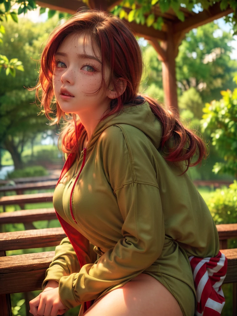 (masterpiece),best quality, expressive eyes, perfect face, freckles face,red hair ,perfect body, Big breast,A girl wear green hoodie,zip open, village background, realistic photography, vivid color,soft shadow,amandamanopo, 