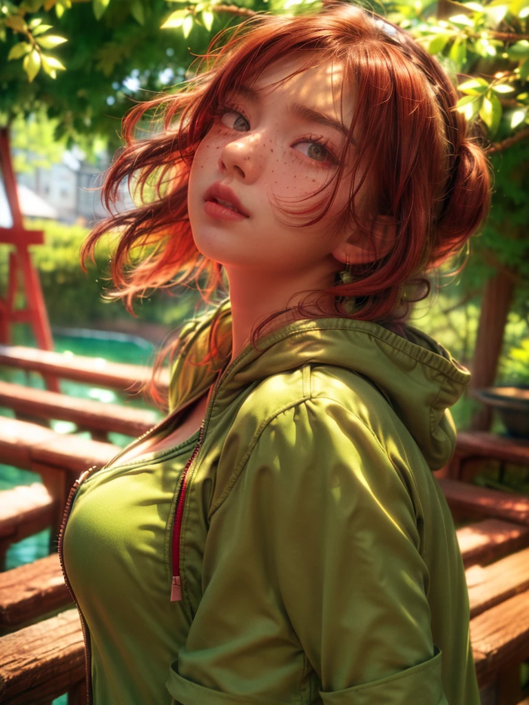 (masterpiece),best quality, expressive eyes, perfect face, freckles face,red hair ,perfect body, Big breast,A girl wear green hoodie,zip open, village background, realistic photography, vivid color,soft shadow,amandamanopo, 