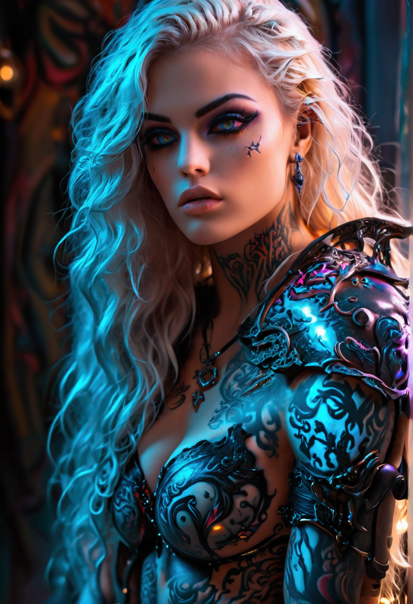 Create a hyper detailed photograph of a tattooed muscular young sexy female deathknight, Stunningly perfect gorgeous feminine face, perfect makeup, detailed neon eyes, long flowing hair, big beautiful muscular legs, big beautiful muscular arms, perfect hour glass body figure, detailed smooth skin, large breast, perfect round ass,