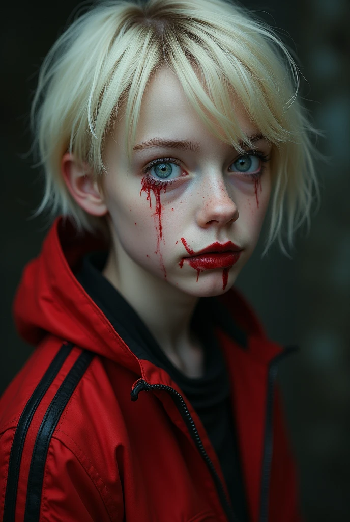 photo of a young girl, blonde, cute, beautiful, (((scared, tortured, blood on face))).