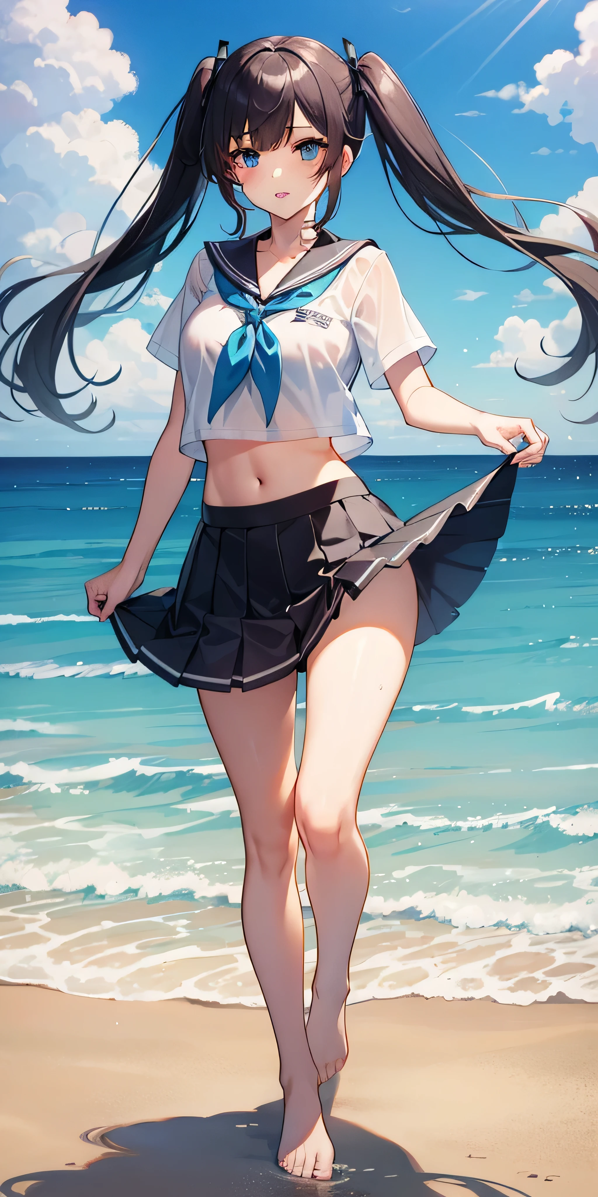 1girl,,,solo,longhair,skirt,sailorcollar,blackhair,navel,lookingatviewer,blackskirt7,miniskirt,barefoot,see-through,neckerchief,croptopoverhang,croptop,pleatedskirt,water,schooluniform,midriff,shirt,serafuku,twintails,verylonghair,fullbody,miniskirt,bareshoulders,whiteshirt,blueeyes,barelegs,thighs,breasts,blacksailorcollar,bangs,stomach,blueneckerchief,partedlips,floatinghair,standing,