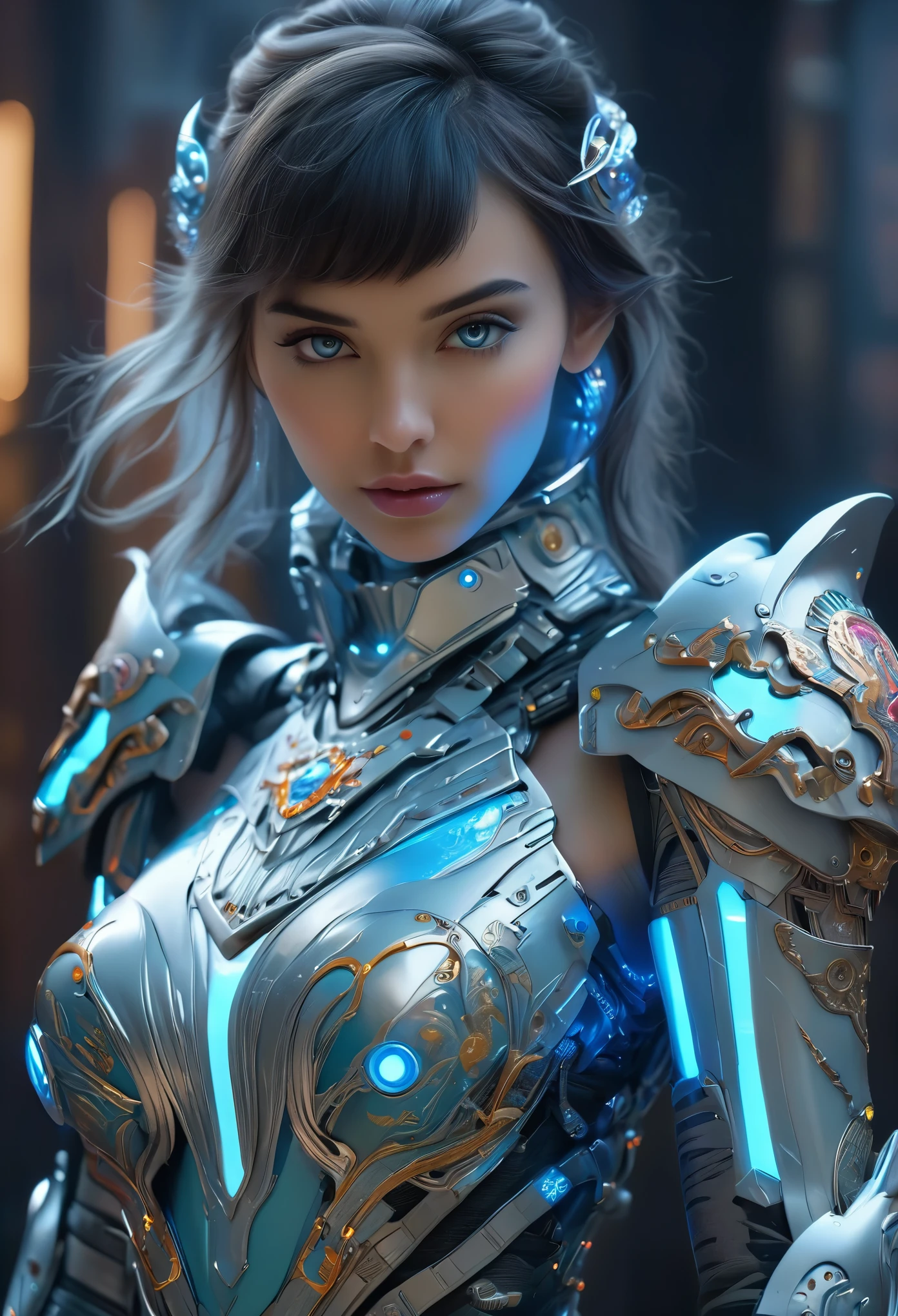 (Best Quality, 4K, 8K, High Resolution, Masterpiece: 1.2), (Super Detailed, Realistic, Photorealistic:1.37), A woman in futuristic clothing, (erotic and sexy:1.4), Trending on cgstation, Trending on cgstation, (Portrait of a girl in the Knights of the Zodiac:1.4), (blunt bangs:1.7), Cute Cyborg Girl, Perfect android girl, Portrait Astronaut Girl, Beautiful girl cyborg, Girl wearing pale blue iridescent mechanical cyber armor, Game CG, cgsociety and fenghua zhong, Beautiful Cyborg Shrine Maiden, Bioluminescence, (Gal Gadot:0.6), Anatomically correct grip, Anatomically correct four fingers and one thumb, (long claws:1.4), erotic and sexy, A gorgeous cape with beautifully detailed embroidery, energy ball