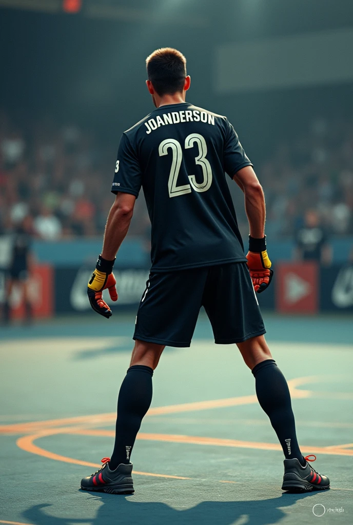The goalkeeper on the side of a Futsal court wearing a black uniform with the number 23 and the name Joanderson on the shirt.