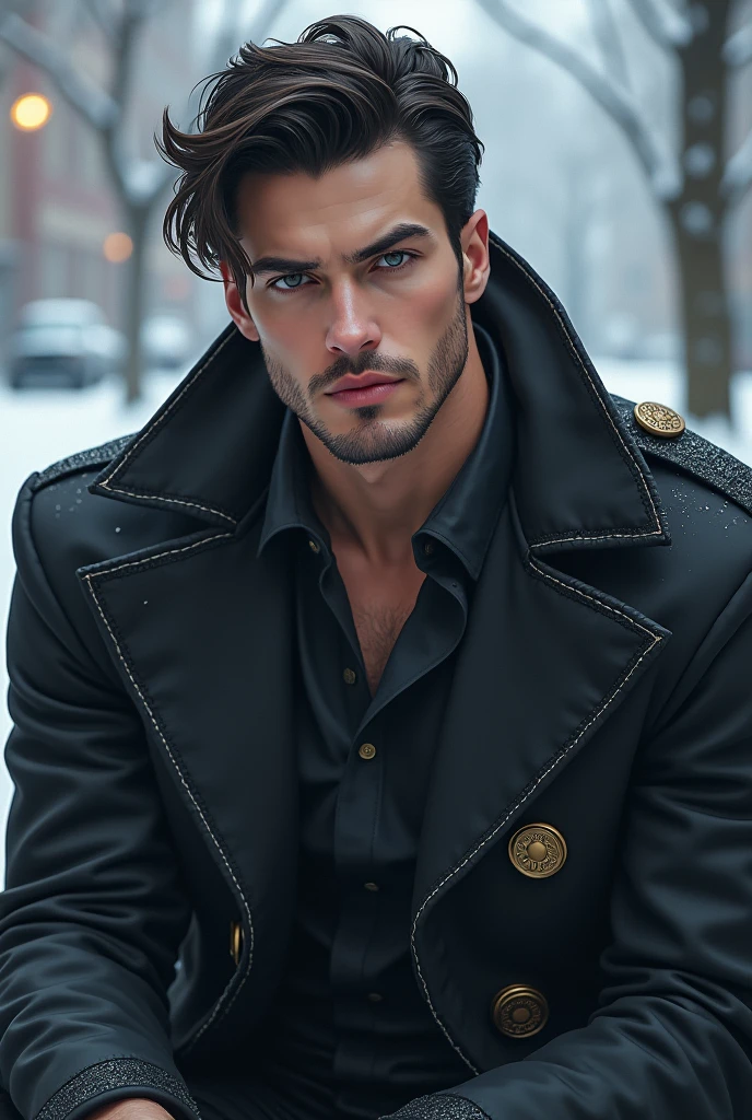 A sexy and imposing man of about 35 years old, snow-white skin, grey eyes, dressed in a stylish winter coat with an anime goatee