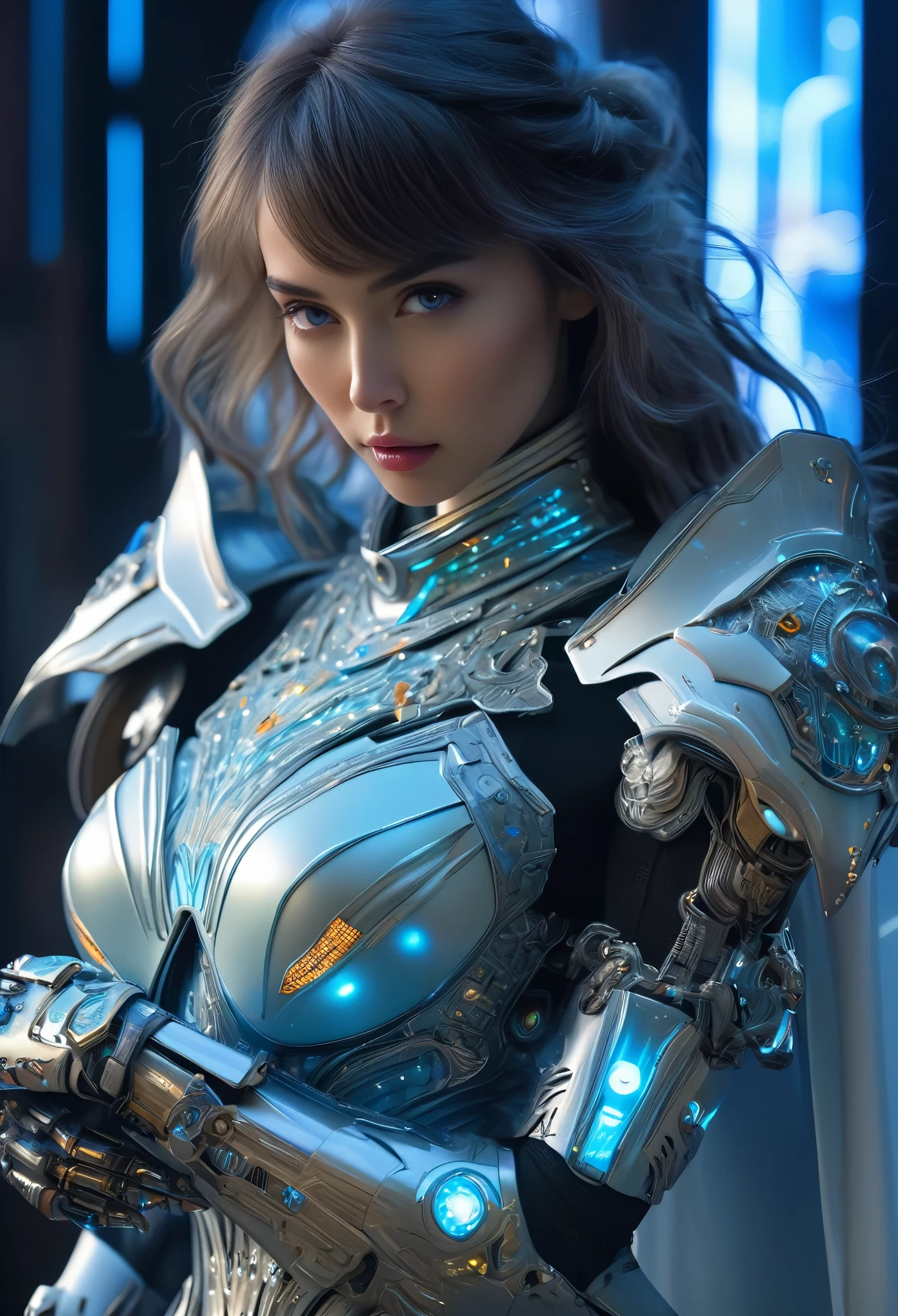 (Best Quality, 4K, 8K, High Resolution, Masterpiece: 1.2), (Super Detailed, Realistic, Photorealistic:1.37), A woman in futuristic clothing, (erotic and sexy:1.4), Trending on cgstation, Trending on cgstation, (Portrait of a girl in the Knights of the Zodiac:1.4), (blunt bangs:1.7), Cute Cyborg Girl, Perfect android girl, Portrait Astronaut Girl, Beautiful girl cyborg, Girl wearing pale blue iridescent mechanical cyber armor, Game CG, cgsociety and fenghua zhong, Beautiful Cyborg Shrine Maiden, Bioluminescence, (Gal Gadot:0.6), Anatomically correct grip, Anatomically correct four fingers and one thumb, (long claws:1.4), erotic and sexy, A gorgeous cape with beautifully detailed embroidery, energy ball