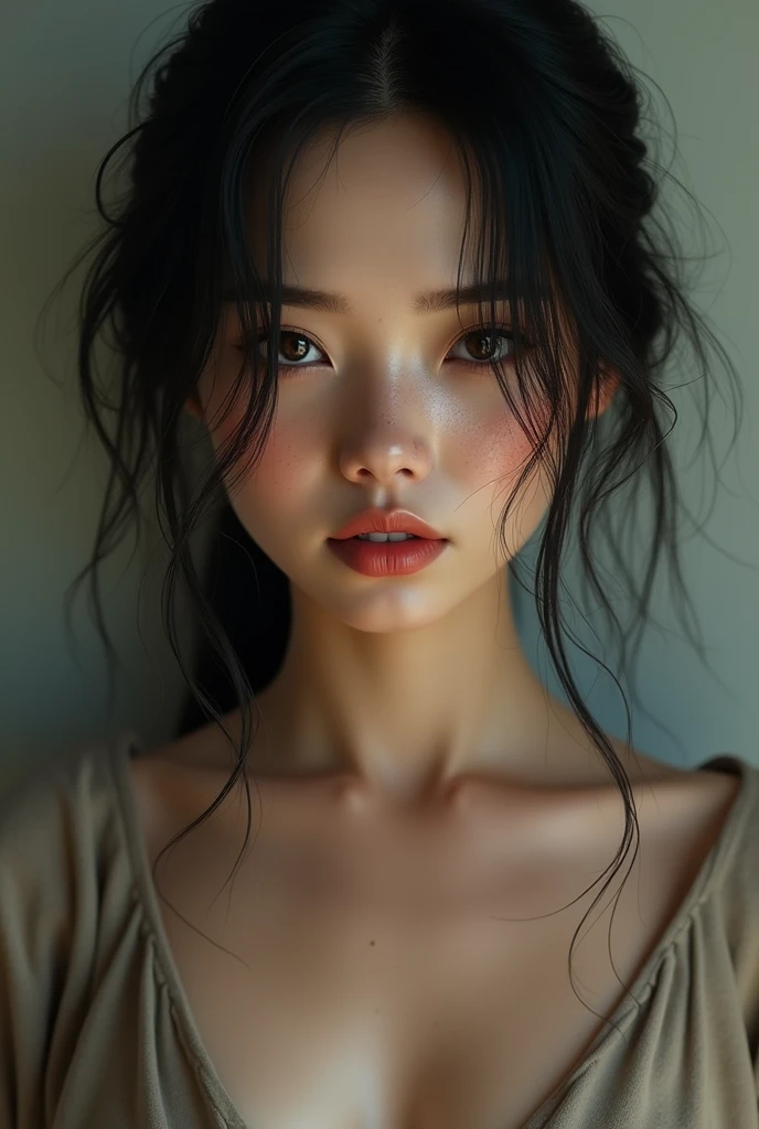 (photorealism:1.2), a woman who is not beautiful, slightly flawed realistic face,
black hair but slightly blonde, low-cut,