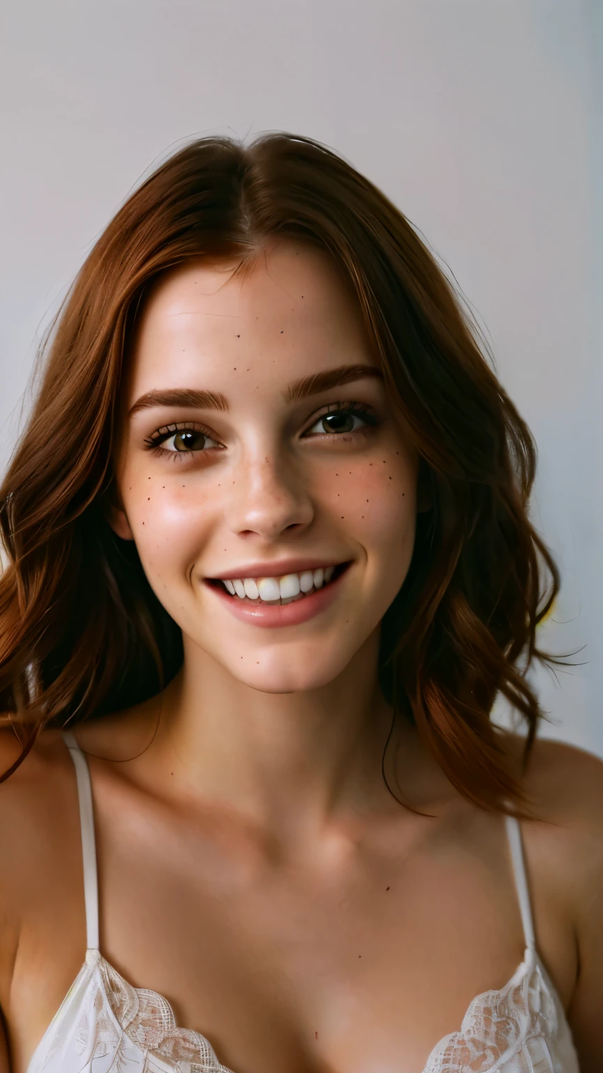 ((( face de Emma Watson:0.8))) A red-haired woman wearing a white bra top smiling and looking at the camera, smiling young man, smiling woman, model smiling face, beautiful and smiling, beautiful fine facial features, beautiful smiling face, woman with porcelain skin, Beautiful face and perfect skin, Retrato Sophie Mudd, perfect proportions thin face, perfect smile, She is smiling, smiling with confidence