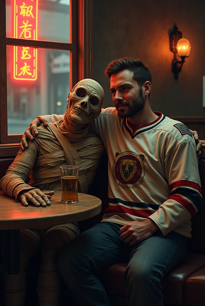 (photorealism:1.2), man and mummy, sitting in pub, beer, water, man in hockey jersey with bear, indoors, soft lighting, pub in background, window with neon light, cozy room, relaxed pose, realistic, intricate details, warm colors, by Greg Rutkowski, by Alphonse Mucha