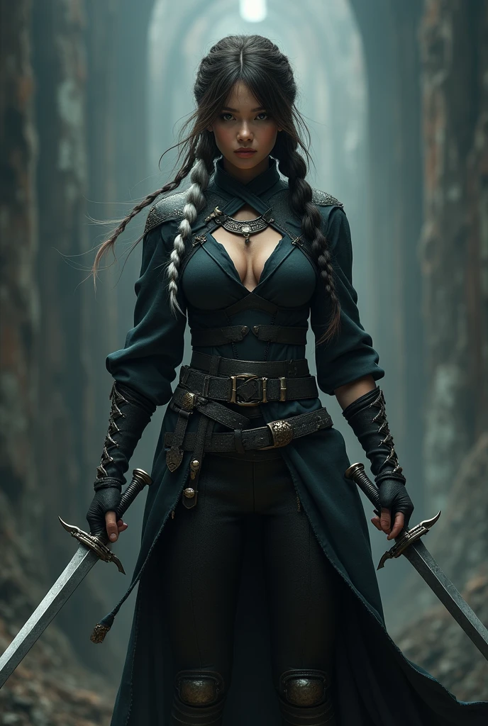 female warrior in black outfit with swords, dark brown hair with white tips braided,