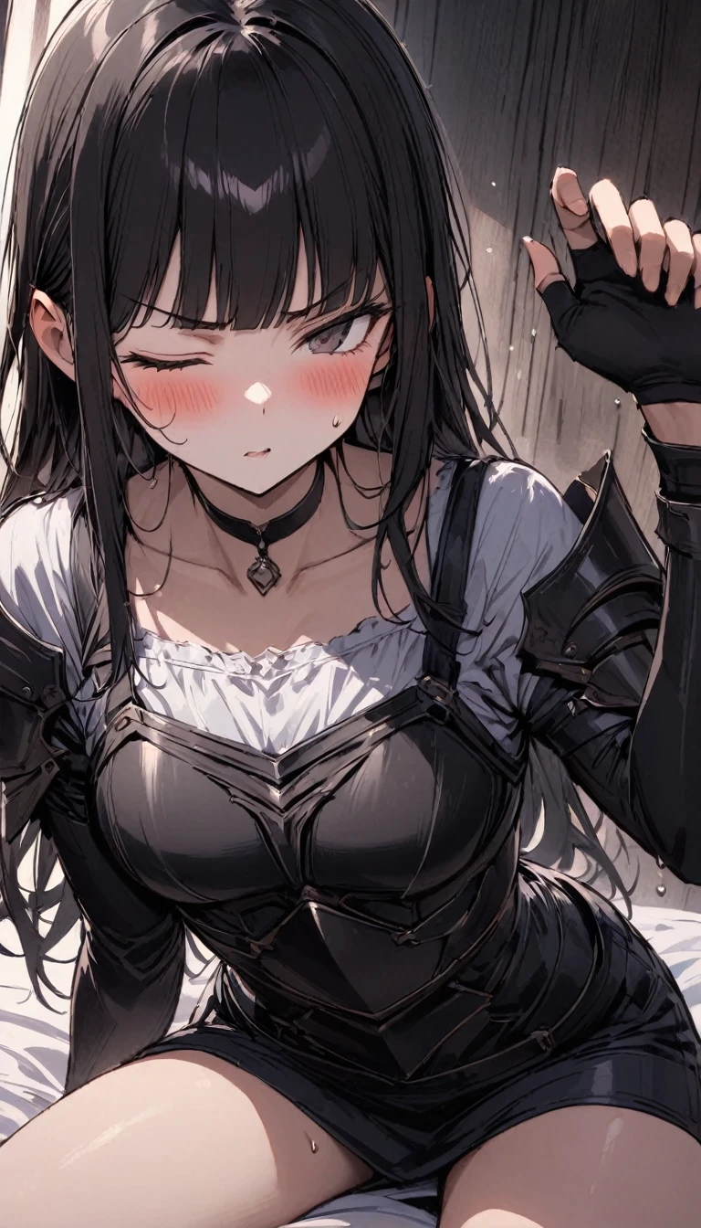 Dynamic composition、Dutch Angle,Focus on thighs,{{masterpiece}}, {{{Highest quality}}},{{Very detailed}},magic swordsman, ,{{one eye closed}},{{Sitting on the bed}},{{Hold one arm of yourself}},v-shaped eyebrows.profound,Bad mood,blush,Sweat,{{}}, leaning forward,clavicle,choker,mini skirt,armor,WHITE Blouse under armor,black fingerless gloves,Long Hair,Blunt bangs,Inside the inn