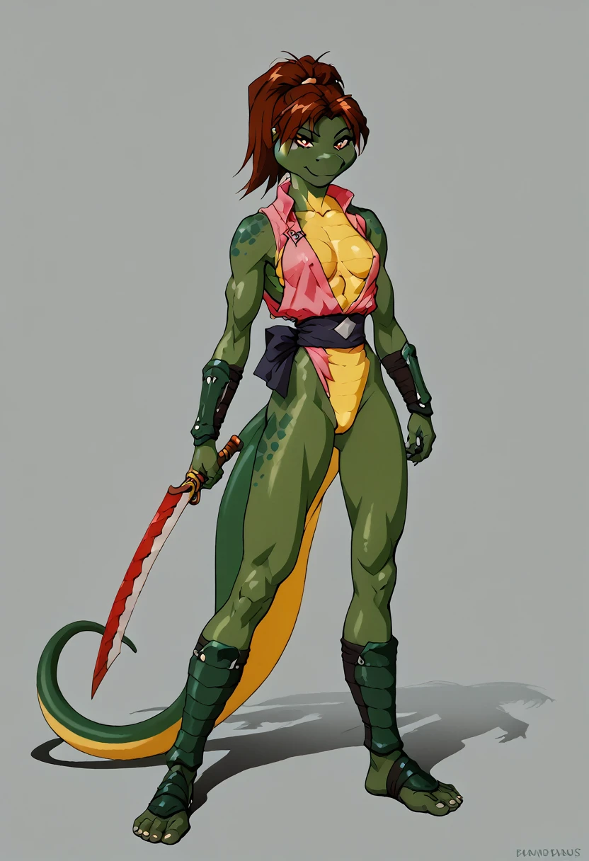 a mutant green skin buff,muscular woman wearing a ninja suit ,thick, lizard, 90’s style. She’d androgynous,equipped with some weapons and a sensual , cool expression,full body.The scene has a cool,sweet,sexual,stargate style and a vibrant tone. Modern setting in the background
