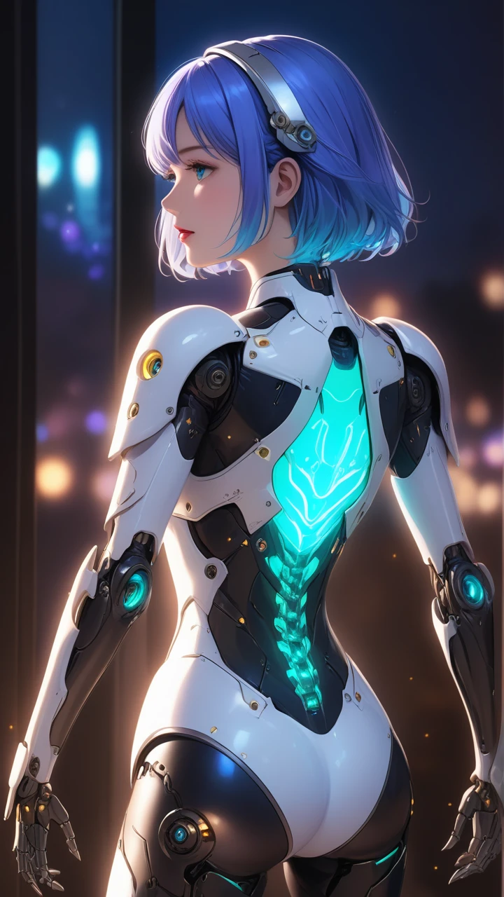 light particles, halo, (bioluminescent:0.95), bioluminescent, piercing glare, vibrant, (((colourful))), color, (glowing, glow), reflection light, depth of field, from behind, multiple views, delicated best quality, (((masterpiece))), ((best quality)), ((ultra-detailed)), (CG illustration), (an extremely devious and beautiful)), cinematic light, ((1 mechanical girl)), (white, blue hair), (short hair), (green eyes), (purple lips), (absurdly large silver robe), single, full, mechanical halo,star halo,intricate mechanical bodysuit, mecha corset, (full armor: yalow and white), (machine-made joints: 1.4), ((mechanical limbs)), ( blood vessels attached to the tube), ((mechanical spine attached to the back)), ((mechanical cervical vertebrae attached to the neck), ((combat stance)), expressionless, (wires and cables attached to the head and body: 1.5), (character focus), science fiction, apocalypse, glow, (full shoot body:1.1)