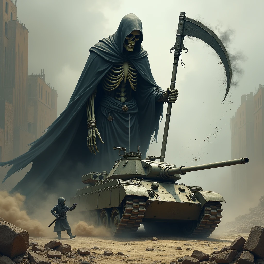 Death with a scythe destroys a military tank.