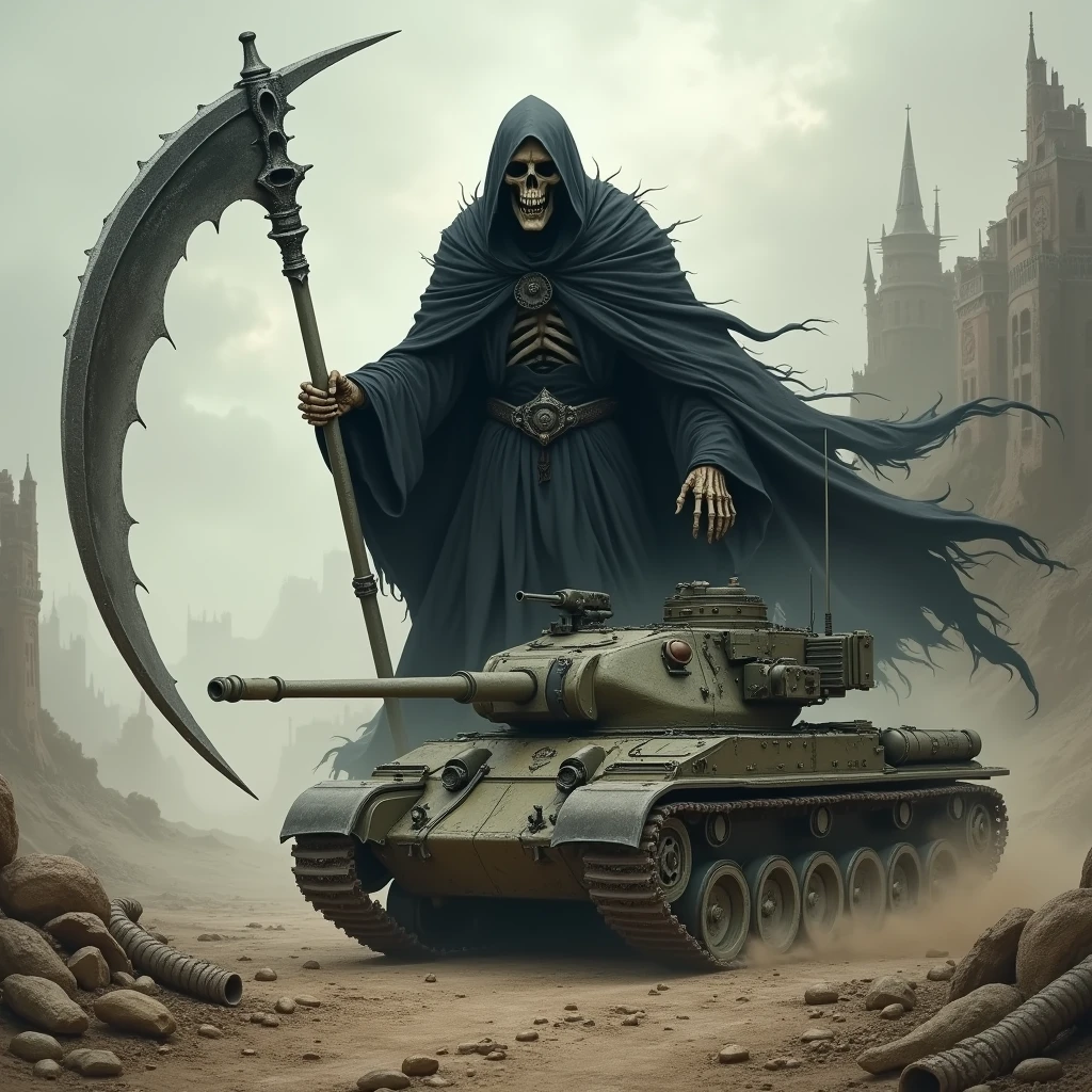 Death with a scythe destroys a military tank.