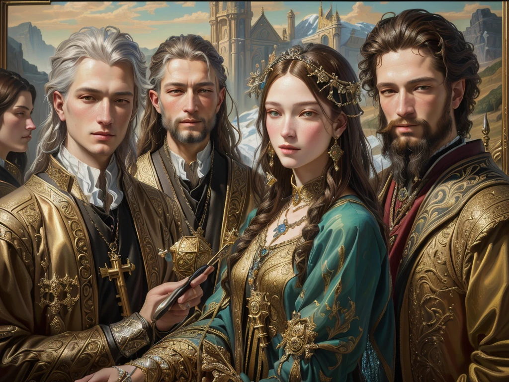 abstract image of a group of people, standing in front of the painting, hyperrealism. fantasy 4k, key art, Alexander Kucharsky, by Galen Dara, Highly detailed 4K digital art, Realistic portrait of the Renaissance, detailed oil painting in 4k, symmetrical portrait fantasy role-playing game, Hyperrealism Renaissance art, fantasy portrait art, epic surrealism 8k oil painting