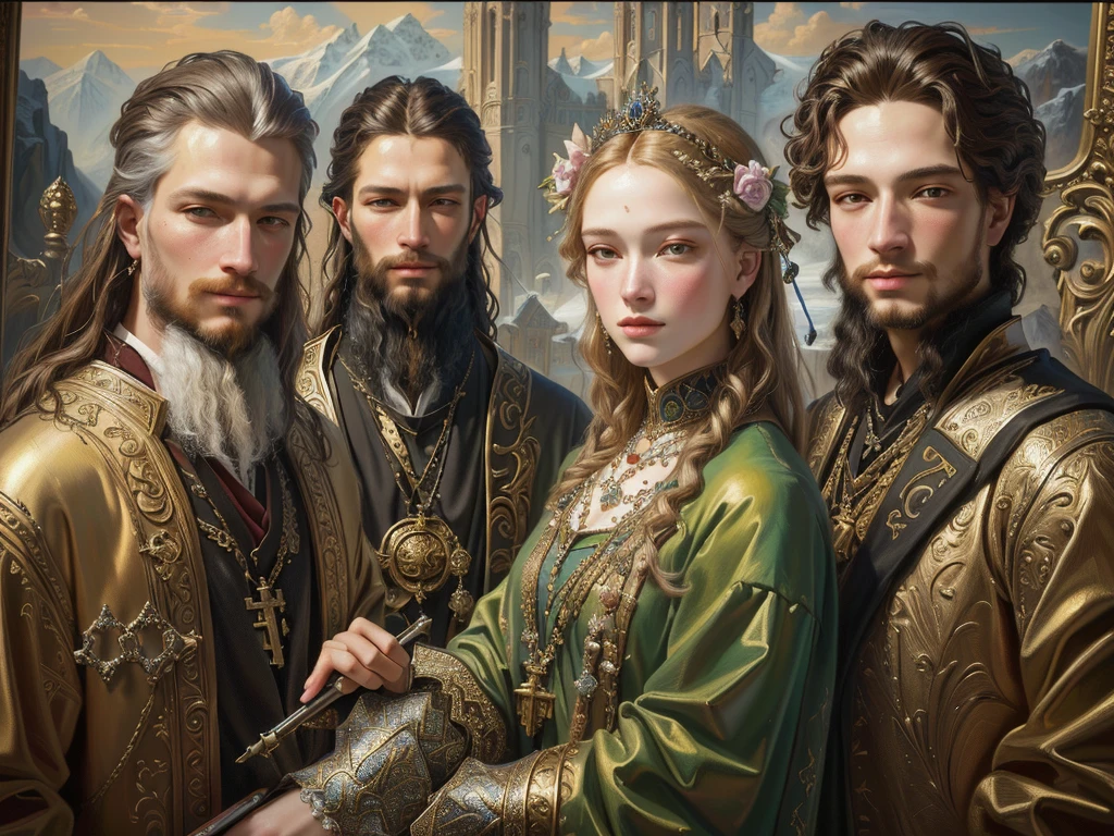 abstract image of a group of people, standing in front of the painting, hyperrealism. fantasy 4k, key art, Alexander Kucharsky, by Galen Dara, Highly detailed 4K digital art, Realistic portrait of the Renaissance, detailed oil painting in 4k, symmetrical portrait fantasy role-playing game, Hyperrealism Renaissance art, fantasy portrait art, epic surrealism 8k oil painting