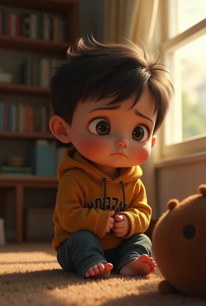 A sad sad 3 boy at home, pixar style, cinematic, masterpiece, high-aesthetic, realistic