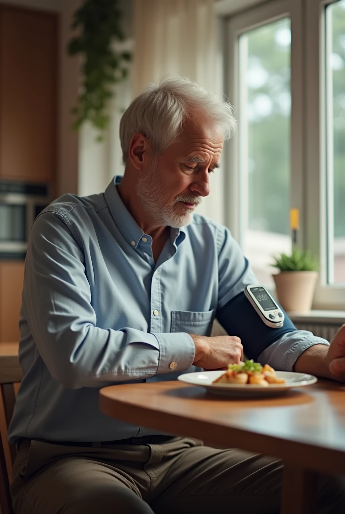Man having lunch with a blood pressure monitor