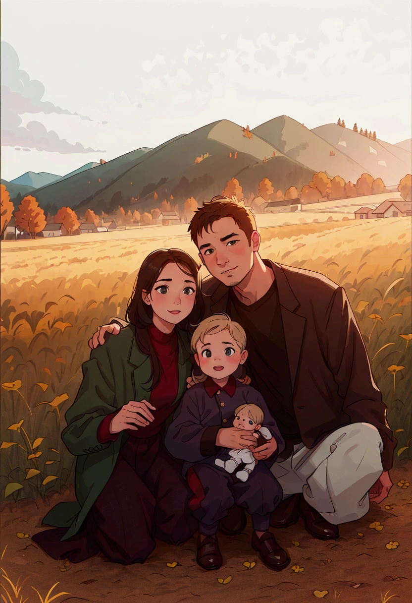 a man and woman pose for a photo with a baby in a field, husband wife and son, portrait of family of three, family photography, carson ellis, family portrait, happy family, family photo, by Kristin Nelson, brock hofer, by Matt Cavotta, mixed art, transparent background, katey truhn, by Dan Frazier, by Winona Nelson, tyler west