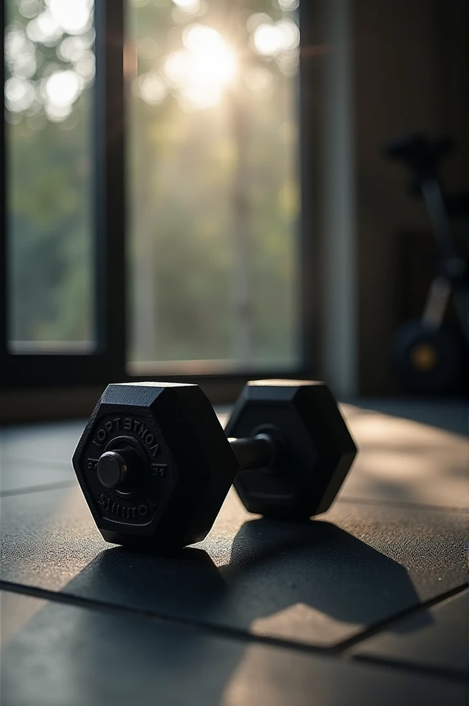 Black separate、rubber mat、dumbbell、Sunlight is coming in、There are no windows.、