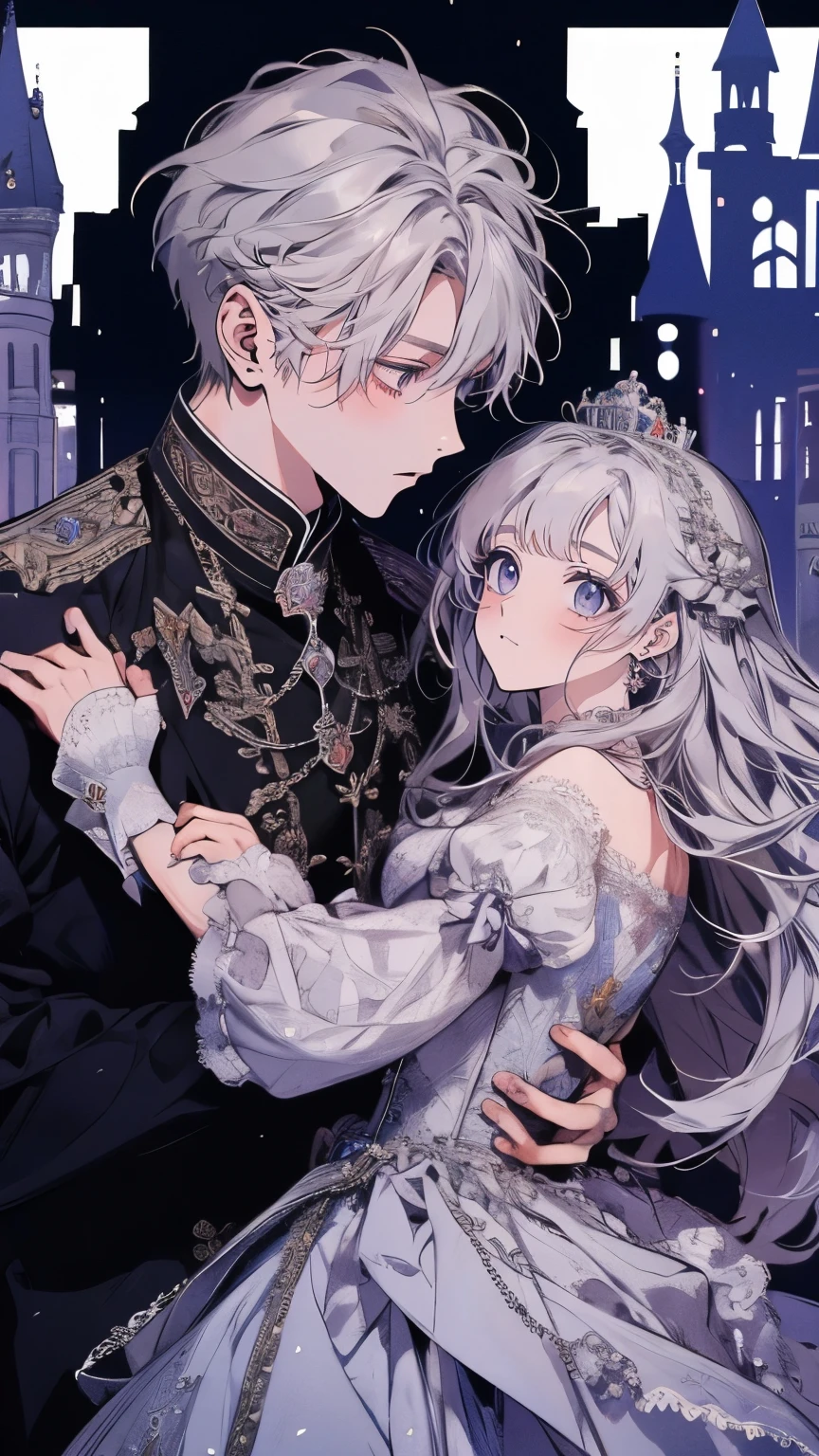Princess、Prince、Silver long dress、Dance、Castle、smile