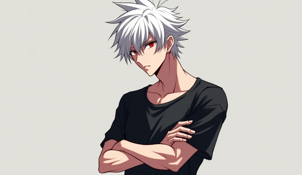 Male anime character with white hair, Eyes red, with arms crossed, looking a little to the side, with a black shirt