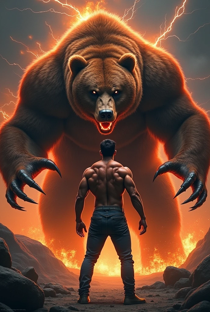 肌肉男, with lightning radiating from his eyes, facing a giant bear with fiery fur.