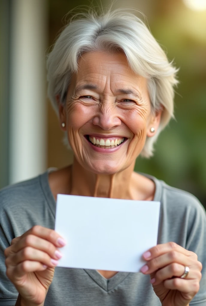Create an image of a happy person in their 40s, highlighting their smile with a blurred background, holding a small white sign.