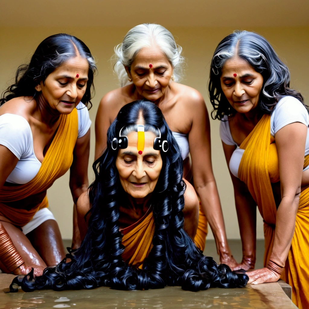 indian kali temple,three aged eldery indian ladies in sarees,unnatural unreal wiered black 3c curly hairs like black springs,It is being coiled and coiled and coiled amd millon times coiled hairs made up in salon exact looking like image prompt,Showered highly wet hairs,Drenched and absorbed oil in their hair,like hair flooded with 10000000000000000000000000000000000000000000 liters of oil and soaked in thier hair,hairs like water pulp,Those hairs got pulpted and makes extremely very thick hair curls like black springs on thier hairs,Their hairs got coiled with oilness,Shinning shinning and shinning like black mirrors stating big thick black springs,one lady kneeled down, other two bend over and licking head scalp of kneeled lady from behind, Like they raping kneeled lady' head scalp with kissing wildly