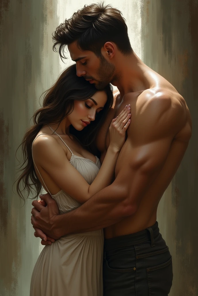 A petit, delicate woman being held by a tall and muscular man.