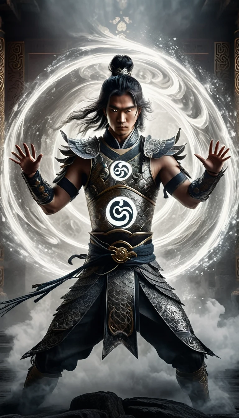 Generate an awe-inspiring image of a powerful warrior standing in a dynamic stance, holding a glowing Chi symbol between his hands, which emanates vibrant energy waves. The Chi symbol should be intricate, surrounded by swirling golden and ethereal light, symbolizing the balance of energy. The warrior’s attire should be traditional and ornate, with intricate details in the armor reflecting the light from the Chi. Behind the warrior, create two dragons—one white and one black—coiled in a yin-yang pattern, their scales shimmering as they radiate energy, representing the duality of forces. The background should be a mystical, fog-covered landscape with subtle ancient ruins and symbols, emphasizing the mystical and ancient power the warrior commands. The lighting should be dramatic, with shadows highlighting the warrior’s intense expression and the detailed design of the Chi symbol, creating a sense of both calm and immense power.(with  dragon face)