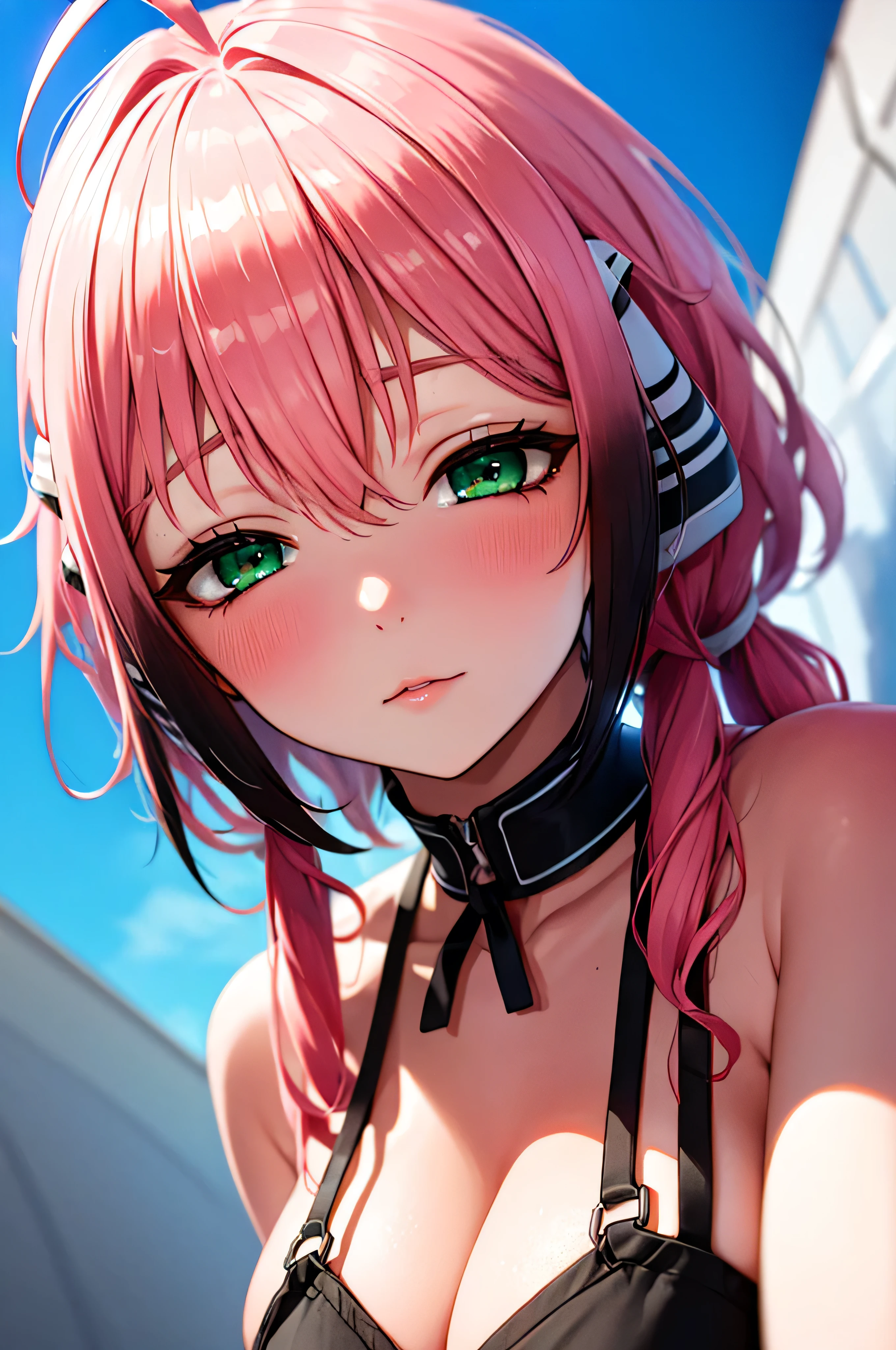 ikaros, ahoge, pink hair, gradient hair, (green eyes:1.5), hair between eyes, low twintails, multicolored hair, pink hair, sidelocks, twintails, (masterpiece), delicate, extremely detailed, (watercolor), blooming, illustration, (1girl:1.4), (solo:1.2), (beautiful eyes, shiny eyes, pink eyes, half-closed eyes), (fluffy hair), photography, Studio Quality, Fisheye Lens, (best quality, glowing light, blushed, glistening, shiny skin, ultra detailed), (apron, naked apron, big natural breasts, seductive pose, breast. , whole body), sexy, (detailed background, complex background, blue sky, angels, heaven), (perfect face, detailed face, detailed eyes,perfect hands,perfect fingers), cowboy shot, ((8k wallpaper))