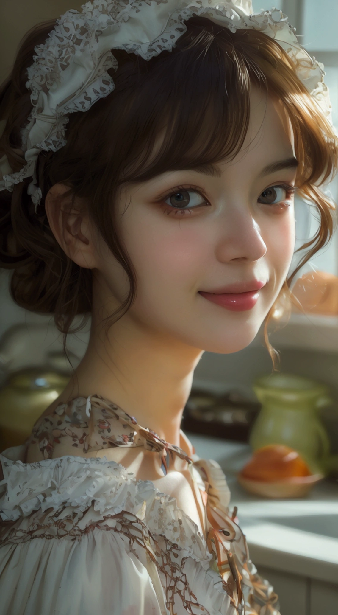 (8ก, best quality, Masterpiece: 1.2), (realistic, realistic, photorealistic: 1.37), 1 woman, hyper detail, beautiful eye details, Beautiful, detailed nose, (((1 girl))), ****ta dress, 7 minutes, kitchen, smile,