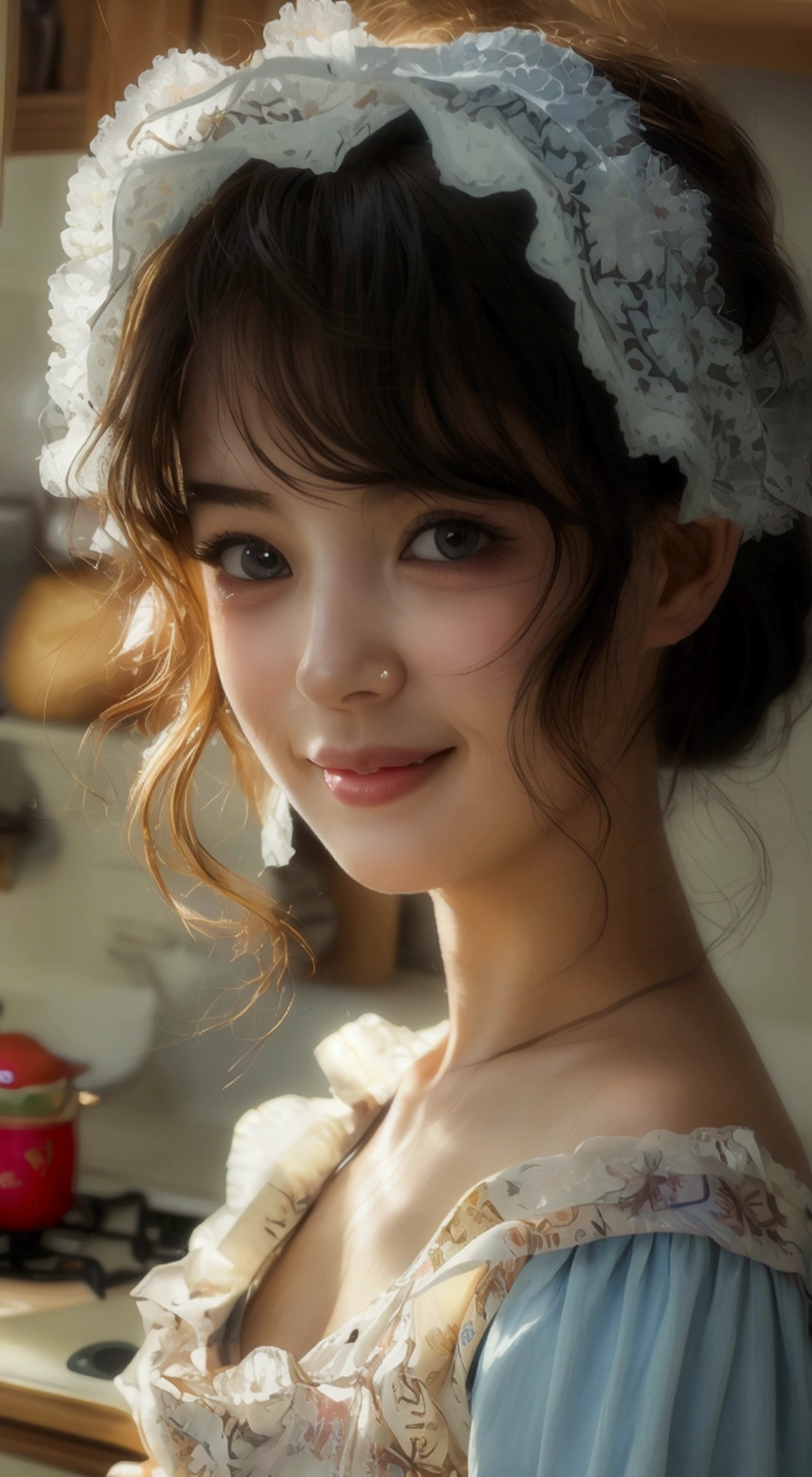 (8ก, best quality, Masterpiece: 1.2), (realistic, realistic, photorealistic: 1.37), 1 woman, hyper detail, beautiful eye details, Beautiful, detailed nose, (((1 girl))), ****ta dress, 7 minutes, kitchen, smile,