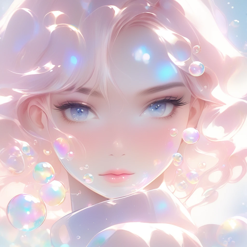 beautiful vogue woman,macro shot,close up face,Reflection and mirroring styles,Clear Light Pink,White soap bubbles,Bokeh Shot,Close-up